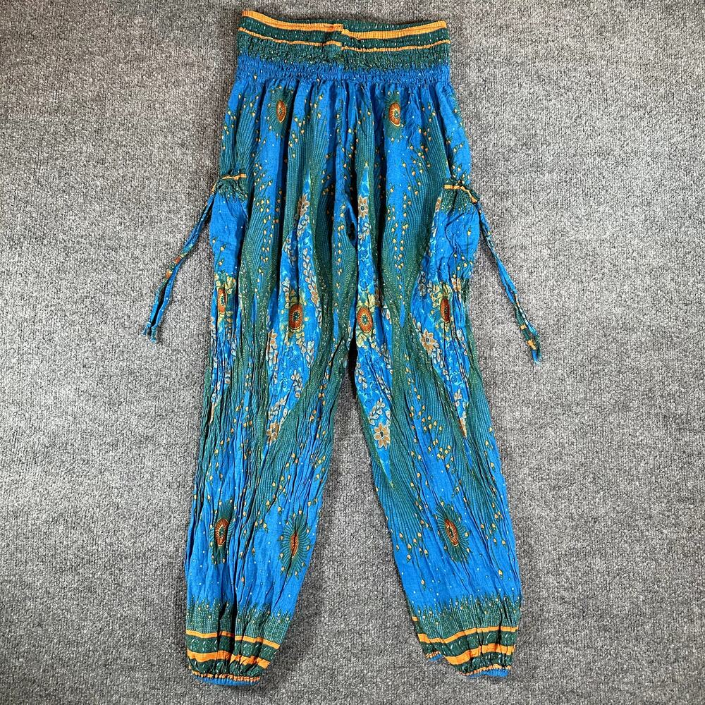 Mellow Mood Thai Rayon Harem Pants One Size Blue Peacock Boho Smocked Pockets